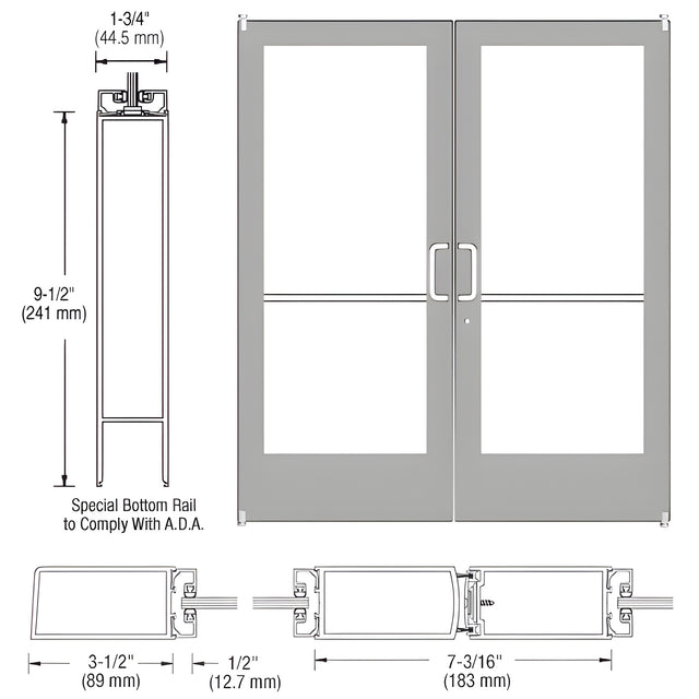 CRL-U.S. Aluminum Clear Anodized Custom Pair Series 400 Medium Stile Offset Pivot Entrance Doors for Surface Mount Door Closer