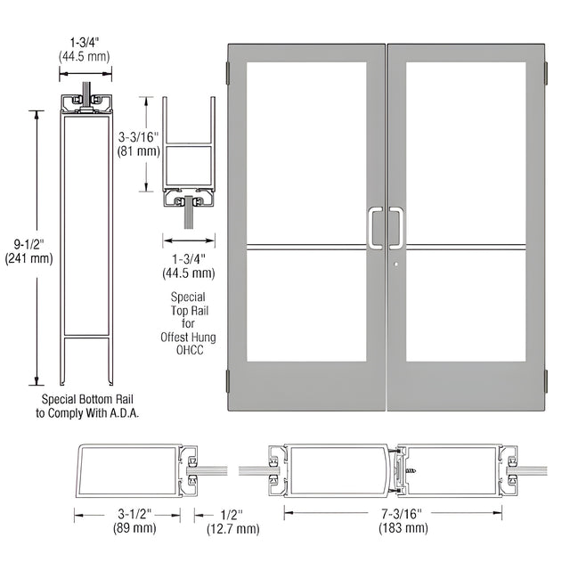 CRL-U.S. Aluminum Clear Anodized Custom Pair Series 400 Medium Stile Butt Hinged Entrance Doors for Overhead Concealed Door Closers