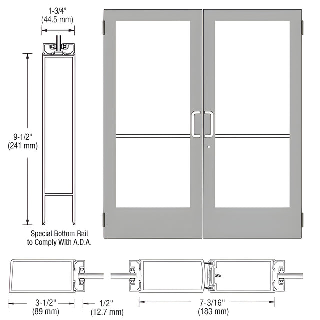 CRL-U.S. Aluminum Clear Anodized Custom Pair Series 400 Medium Stile Butt Hinged Entrance Doors for Surface Mount Door Closers