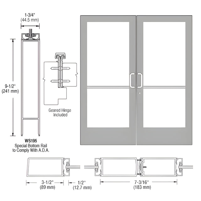 CRL-U.S. Aluminum Clear Anodized Custom Pair Series 400 Medium Stile Geared Hinge Entrance Doors for Surface Mount Door Closers