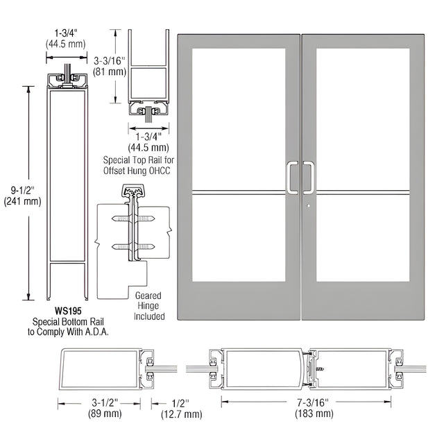 CRL-U.S. Aluminum Clear Anodized Custom Pair Series 400 Medium Stile Offset Hung Geared Hinge Entrance Doors for Overhead Concealed Door Closers