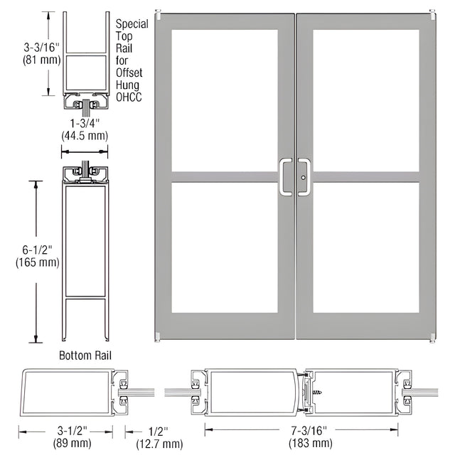CRL-U.S. Aluminum Clear Anodized Custom Pair Series 400 Medium Stile Offset Pivot Entrance Doors For Panics and Overhead Concealed Door Closers