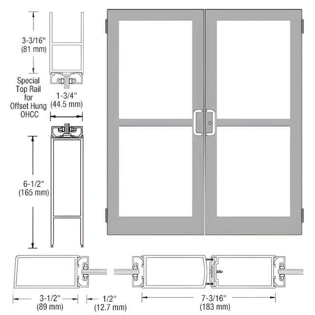 CRL-U.S. Aluminum Clear Anodized Custom Pair Series 400 Medium Stile Butt Hinged Entrance Doors With Panics for Overhead Concealed Door Closers