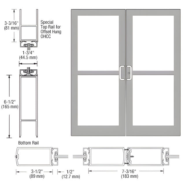 CRL-U.S. Aluminum Clear Anodized Custom Pair Series 400 Medium Stile Center Pivot Entrance Doors For Panics and Overhead Concealed Door Closers