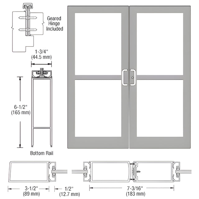 CRL-U.S. Aluminum Clear Anodized Custom Pair Series 400 Medium Stile Offset Hung Geared Hinge Entrance Doors for Panics and Surface Mount Door Closers