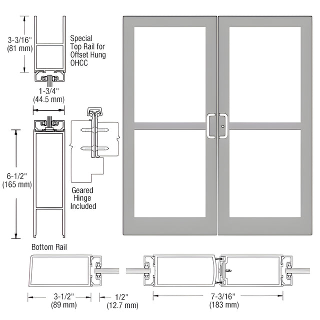 CRL-U.S. Aluminum Clear Anodized Custom Pair Series 400 Medium Stile Offset Hung Geared Hinge Entrance Doors For Panics and Overhead Concealed Door Closers