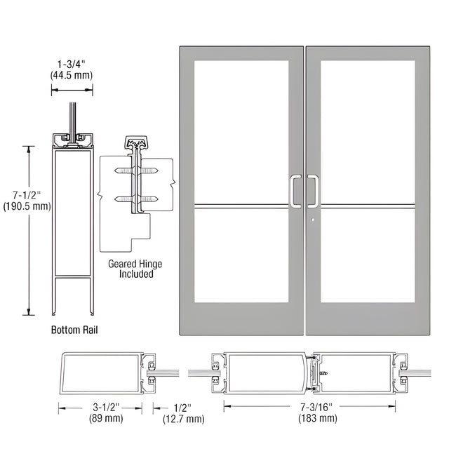 CRL-U.S. Aluminum Clear Anodized Custom Pair Series 400 Medium Stile Geared Hinge Entrance Door for Surface Mount Door Closers