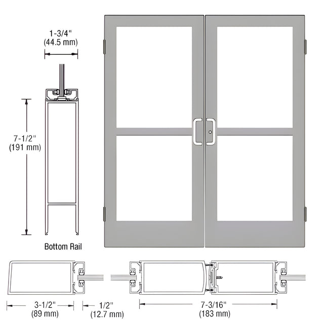 CRL-U.S. Aluminum Clear Anodized Custom Pair Series 400 Medium Stile Butt Hinged Entrance Doors With Panics for Surface Mount Door Closers