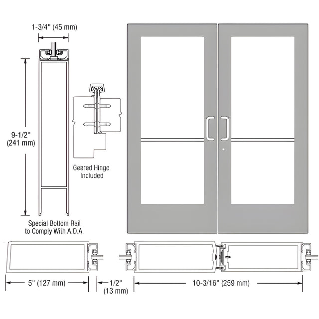 CRL-U.S. Aluminum Clear Anodized Custom Pair Series 550 Wide Stile Geared Hinge Entrance Door for Surface Mount Door Closers