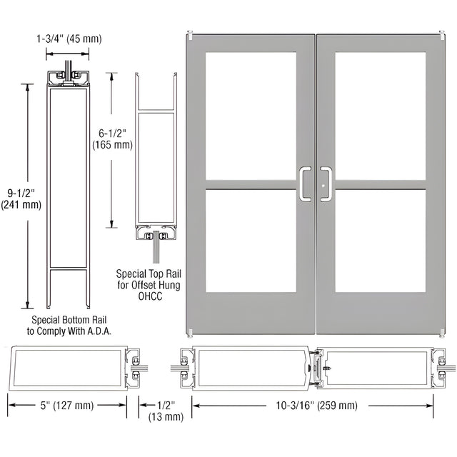 CRL-U.S. Aluminum Clear Anodized Custom Pair Series 550 Wide Stile Offset Pivot Entrance Door With Panics for Overhead Concealed Door Closers