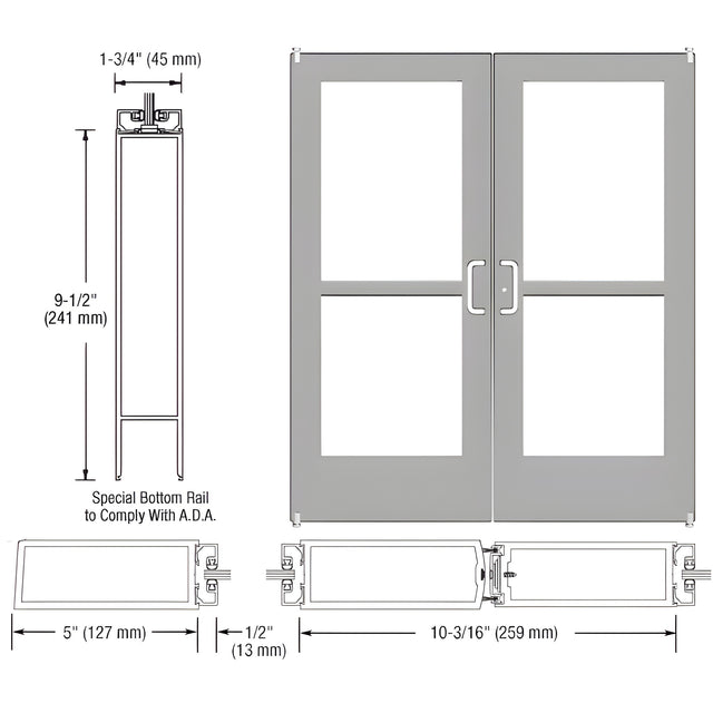 CRL-U.S. Aluminum Clear Anodized Custom Pair Series 550 Wide Stile Offset Pivot Entrance Door With Panics for Surface Mount Door Closers