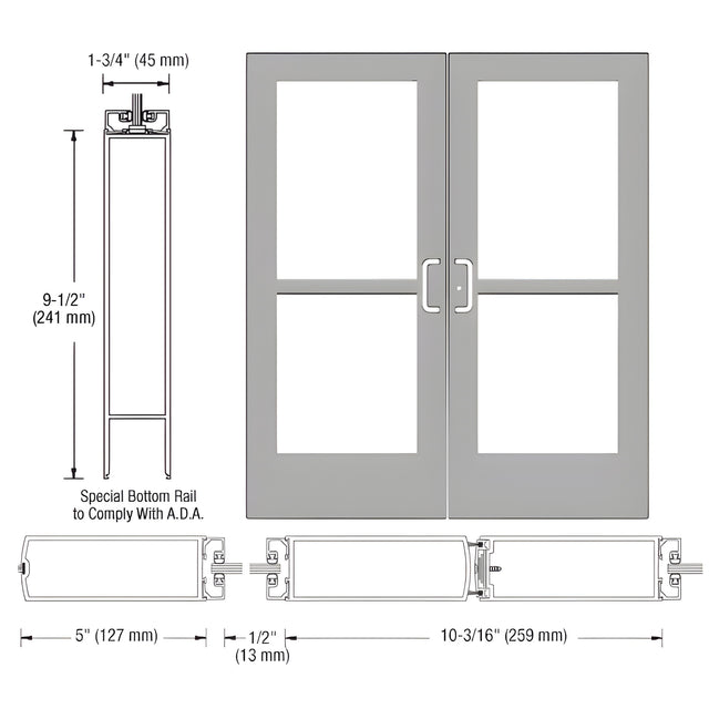 CRL-U.S. Aluminum Clear Anodized Custom Pair Series 550 Wide Stile Center Pivot Entrance Doors With Panics for Overhead Concealed Door Closers