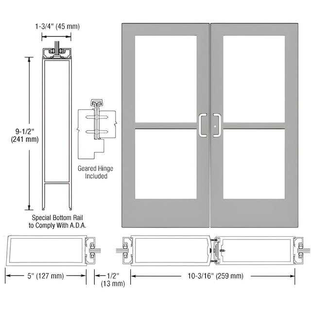 CRL-U.S. Aluminum Clear Anodized Custom Pair Series 550 Wide Stile Geared Hinge Entrance Doors With Panics for Surface Mount Door Closers