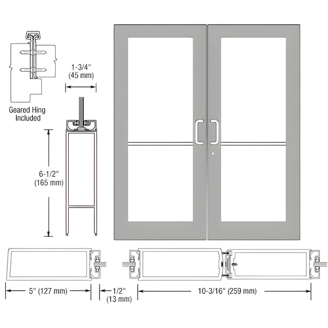 CRL-U.S. Aluminum Clear Anodized Custom Pair Series 550 Wide Stile Geared Hinge Entrance Doors for Surface Mount Door Closers