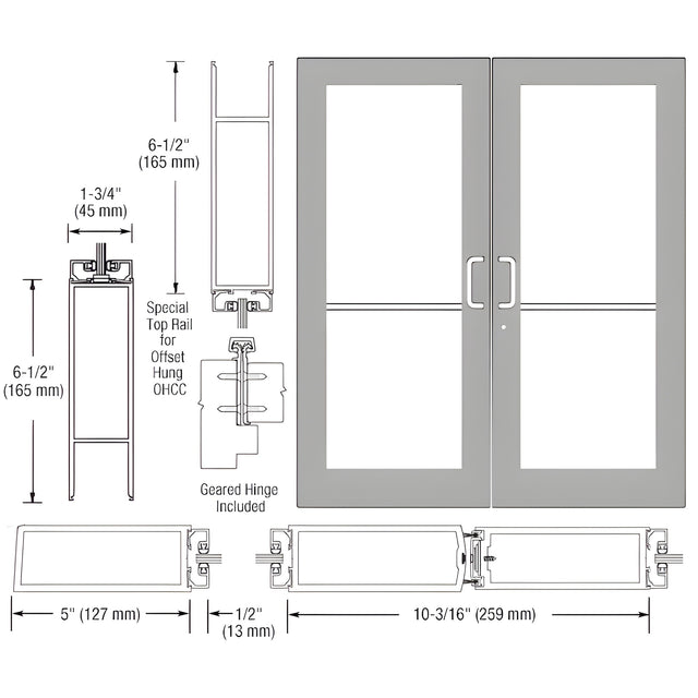 CRL-U.S. Aluminum Clear Anodized Custom Pair Series 550 Wide Stile Geared Hinge Entrance Doors for Overhead Concealed Door Closers