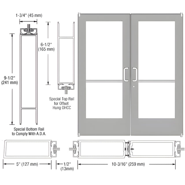 CRL-U.S. Aluminum Clear Anodized Custom Pair Series 550 Wide Stile Offset Pivot Entrance Doors for Overhead Concealed Door Closers