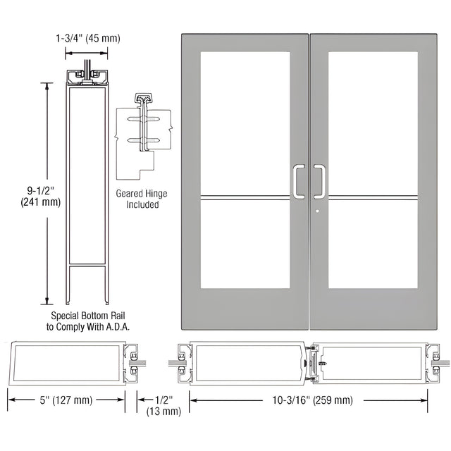CRL-U.S. Aluminum Clear Anodized Custom Pair Series 550 Wide Stile Geared Hinge Entrance Doors for Surface Mount Door Closers