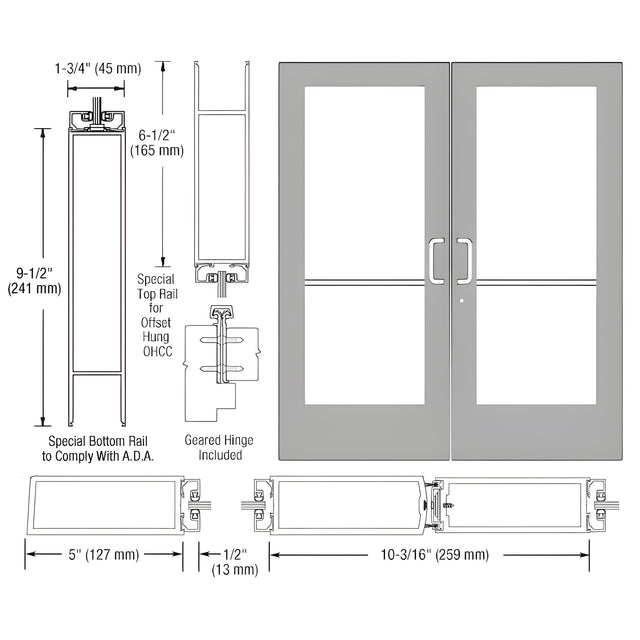 CRL-U.S. Aluminum Clear Anodized Custom Pair Series 550 Wide Stile Geared Hinge Entrance Doors for Overhead Concealed Door Closers