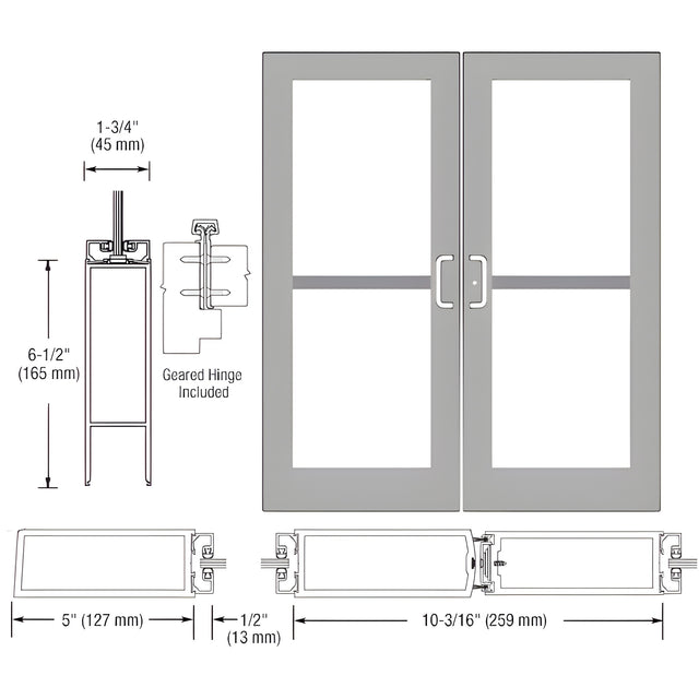 CRL-U.S. Aluminum Clear Anodized Custom Pair Series 550 Wide Stile Geared Hinge Entrance Doors For Panics and Surface Mount Door Closers