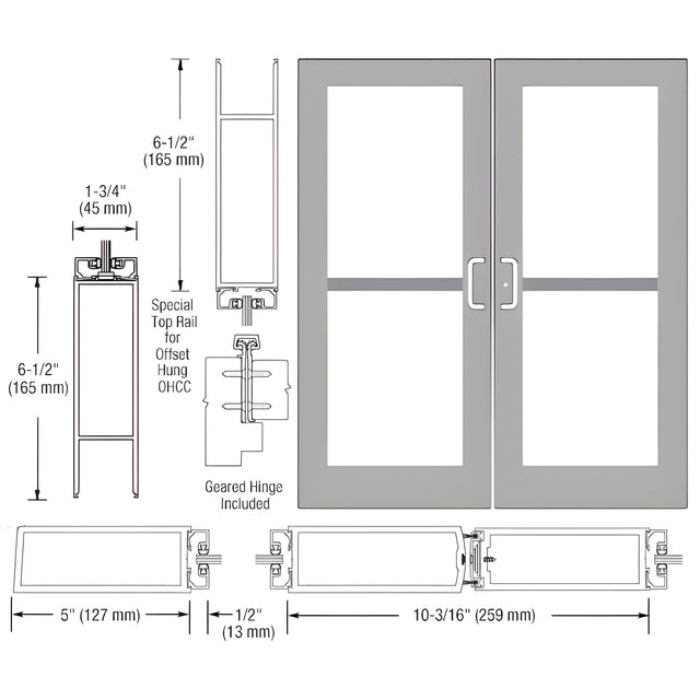 CRL-U.S. Aluminum Clear Anodized Custom Pair Series 550 Wide Stile Geared Hinge Entrance Doors for Panics and Overhead Concealed Door Closers