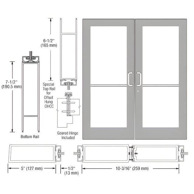 CRL-U.S. Aluminum Clear Anodized Custom Pair Series 550 Wide Stile Geared Hinge Entrance Doors for Overhead Concealed Door Closers