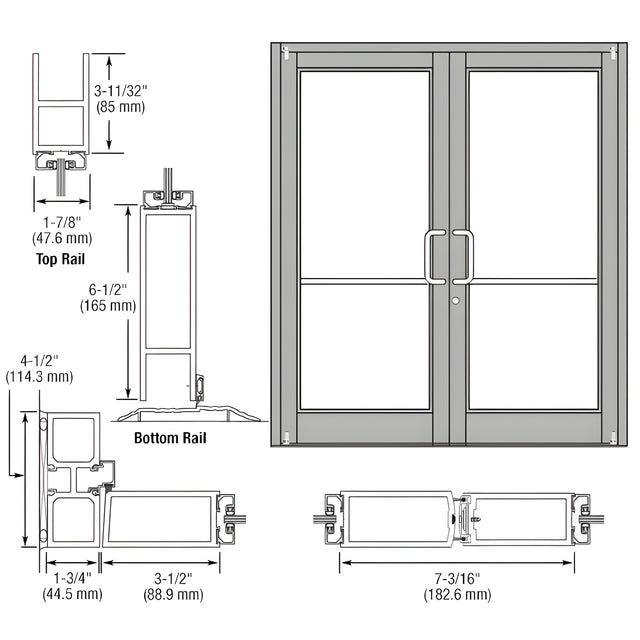 CRL-U.S. Aluminum Clear Anodized Custom Pair Series 800 Durafront Medium Stile Offset Pivot Entrance Doors for Surface Mount Door Closers