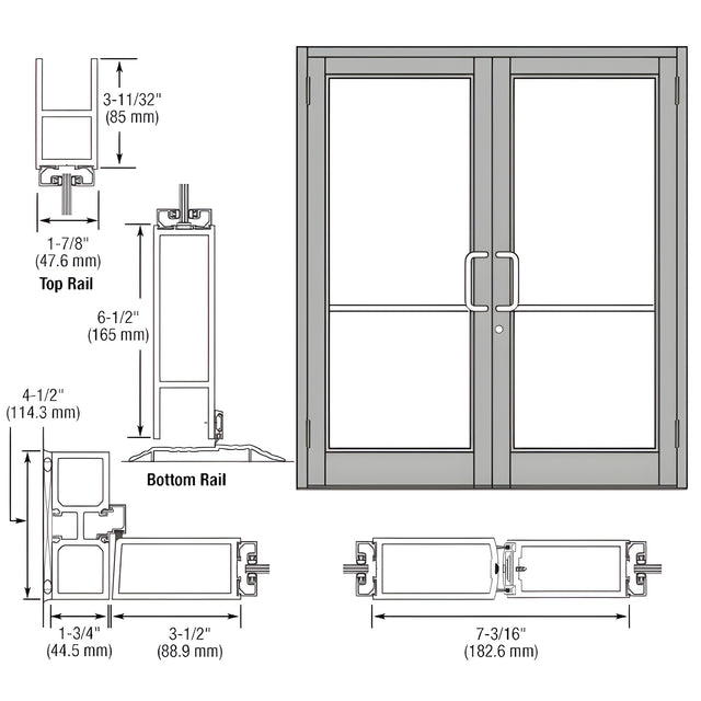 CRL-U.S. Aluminum Clear Anodized Custom Pair Series 800 Durafront Medium Stile Butt Hinge Entrance Doors for Surface Mount Door Closers