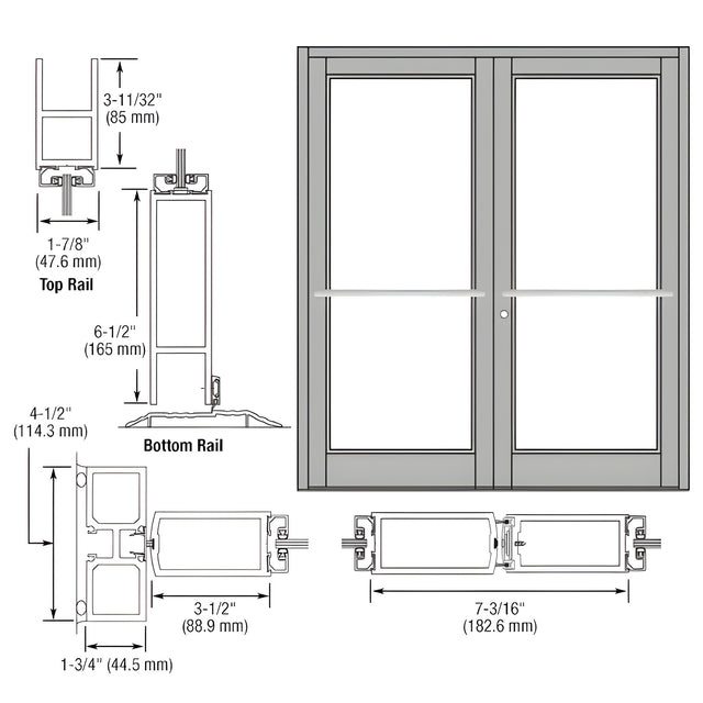 CRL-U.S. Aluminum Clear Anodized Custom Pair Series 800 Durafront Medium Stile Center Pivot Entrance Doors for Overhead Concealed Door Closers