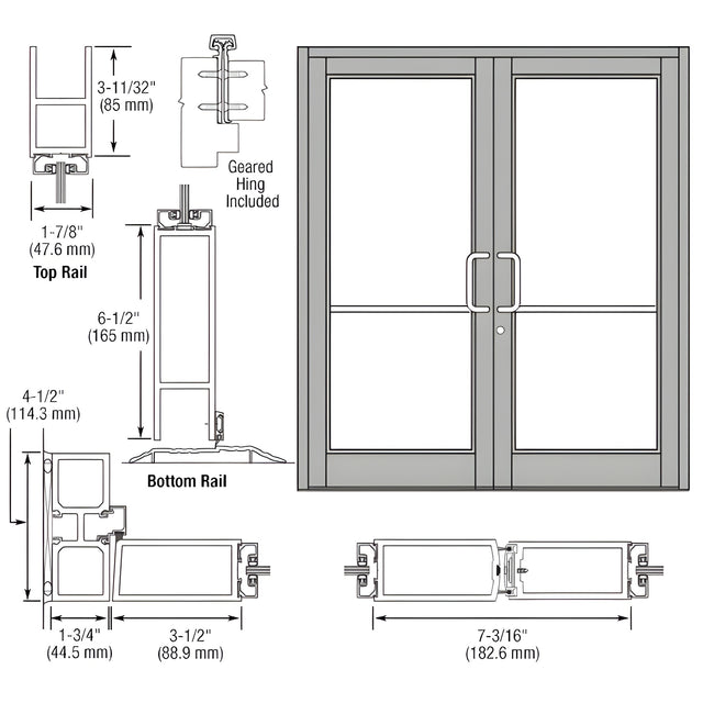 CRL-U.S. Aluminum Clear Anodized Custom Pair Series 800 Durafront Medium Stile Geared Hinge Entrance Doors for Surface Mount Door Closers