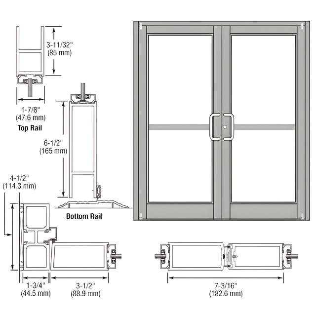 CRL-U.S. Aluminum Clear Anodized Custom Pair Series 800 Durafront Medium Stile Offset Pivot Entrance Doors For Panics and Surface Mount Door Closers