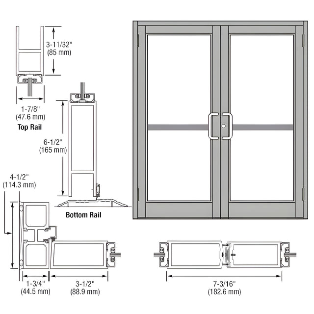CRL-U.S. Aluminum Clear Anodized Custom Pair Series 800 Durafront Medium Stile Butt Hinge Entrance Doors For Panics and Surface Mount Door Closers