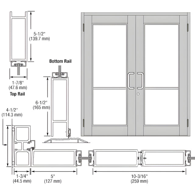 CRL-U.S. Aluminum Clear Anodized Custom Pair Series 850 Durafront Wide Stile Butt Hinged Entrance Doors for Surface Mount Door Closers