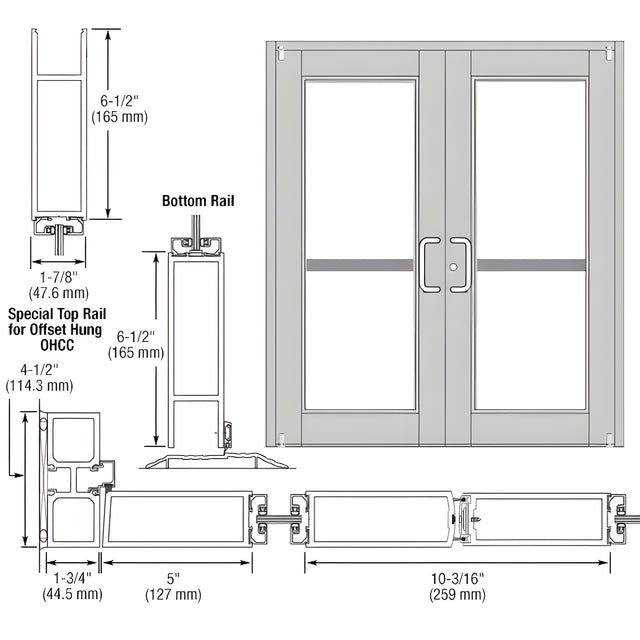 CRL-U.S. Aluminum Clear Anodized Custom Pair Series 850 Durafront Wide Stile Offset Pivot Entrance Doors With Panics for Overhead Concealed Door Closers