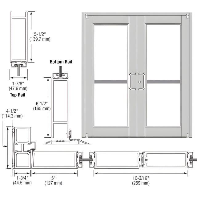 CRL-U.S. Aluminum Clear Anodized Custom Pair Series 850 Durafront Wide Stile Offset Pivot Entrance Doors for Panics and Surface Mount Door Closers