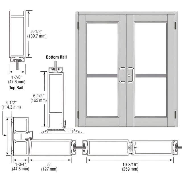 CRL-U.S. Aluminum Clear Anodized Custom Pair Series 850 Durafront Wide Stile Butt Hinge Entrance Doors for Panics and Surface Mount Door Closers