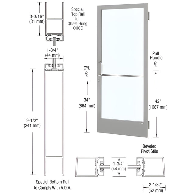 CRL-U.S. Aluminum Clear Anodized Custom Single 36" x 84" Series 250 Narrow Stile Butt Hinge Entrance Door for OHCC