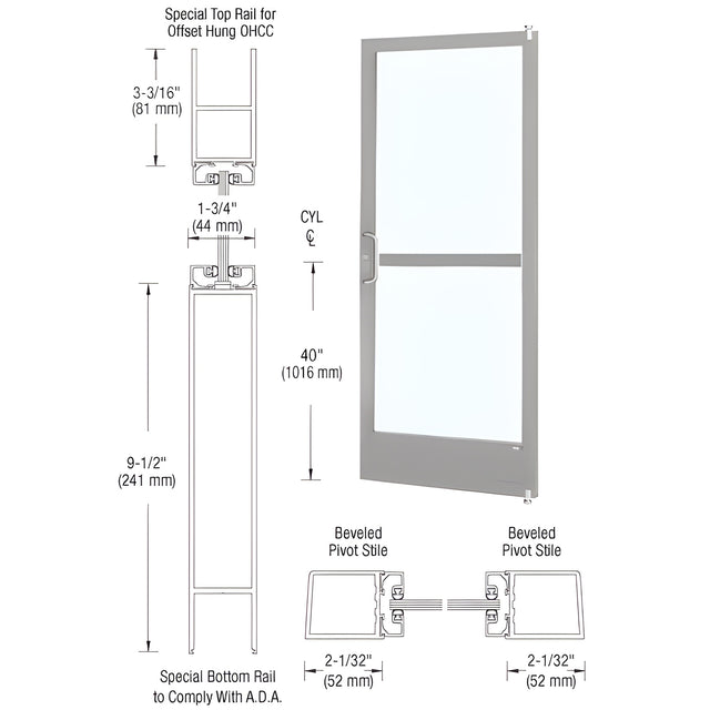 CRL-U.S. Aluminum Clear Anodized Custom Single Series 250 Narrow Stile Offset Pivot Entrance Door With Panic for Overhead Concealed Door Closer