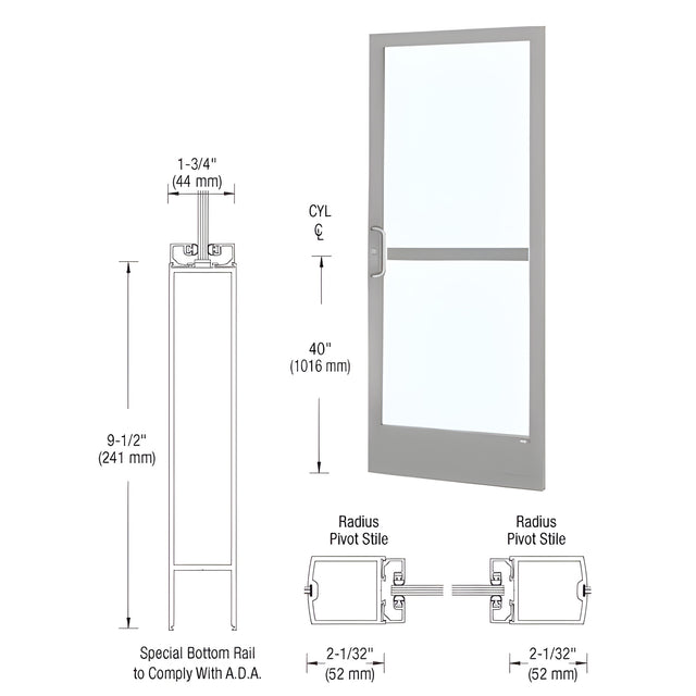 CRL-U.S. Aluminum Clear Anodized Custom Single Series 250 Narrow Stile Center Pivot Entrance Door With Panic for Overhead Concealed Door Closer