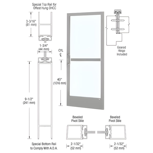 CRL-U.S. Aluminum Clear Anodized Custom Single Series 250 Narrow Stile Geared Hinge Entrance Door With Panic for Overhead Concealed Door Closer