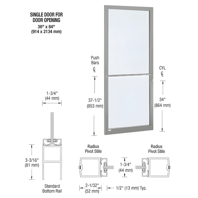 CRL-U.S. Aluminum Clear Anodized Custom Single Series 250 Narrow Stile Center Pivot Entrance Door for Overhead Concealed Door Closer
