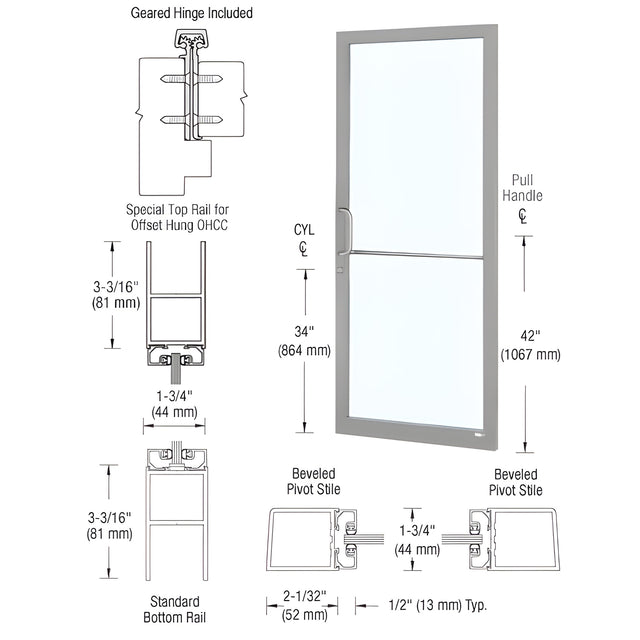 CRL-U.S. Aluminum Clear Anodized Custom Single Series 250 Narrow Stile Geared Hinge Entrance Door for Overhead Concealed Door Closer