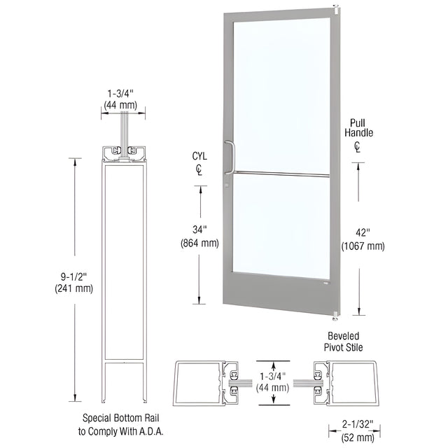CRL-U.S. Aluminum Clear Anodized Custom Single Series 250 Narrow Stile Offset Pivot Entrance Door for Surface Mount Door Closer