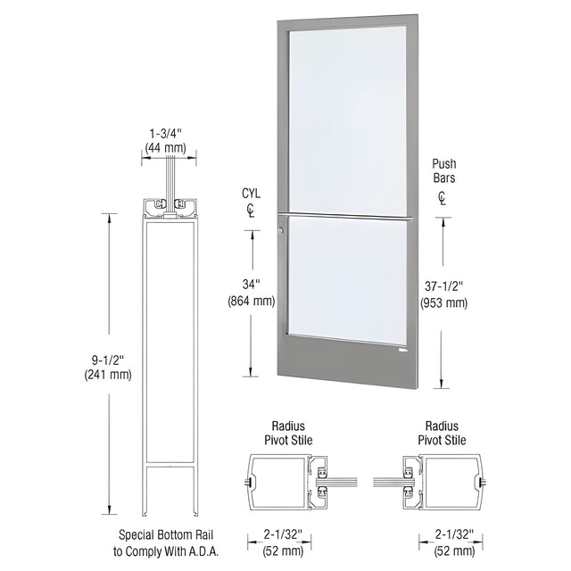 CRL-U.S. Aluminum Clear Anodized Custom Single Series 250 Narrow Stile Center Pivot Entrance Door for Overhead Concealed Door Closer
