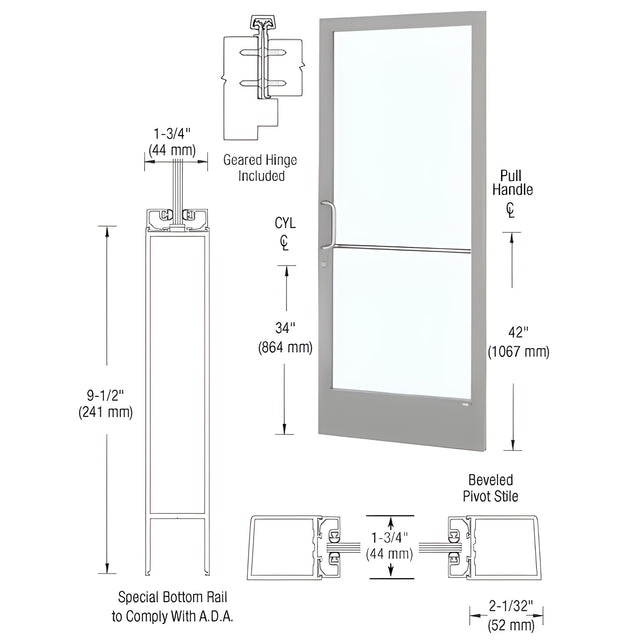 CRL-U.S. Aluminum Clear Anodized Custom Single Series 250 Narrow Stile Geared Hinge Entrance Door for Surface Mount Door Closer