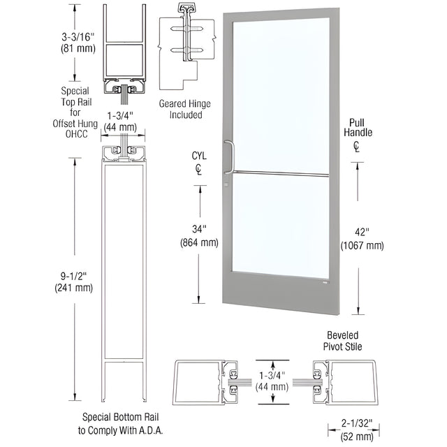CRL-U.S. Aluminum Clear Anodized Custom Single Series 250 Narrow Stile Geared Hinge Entrance Door for Overhead Concealed Door Closer