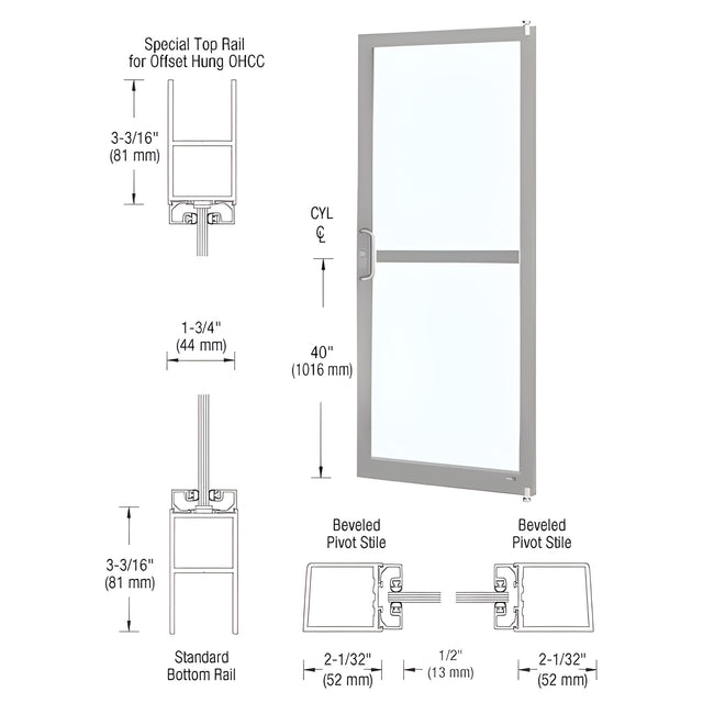 CRL-U.S. Aluminum Clear Anodized Custom Single Series 250 Narrow Stile Offset Pivot Entrance Door for Panic and Overhead Concealed Door Closer