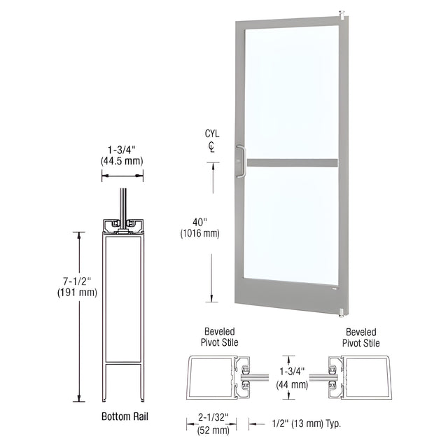 CRL-U.S. Aluminum Clear Anodized Custom Single Series 250 Narrow Stile Offset Pivot Entrance Door with Panic for Surface Mount Door Closer
