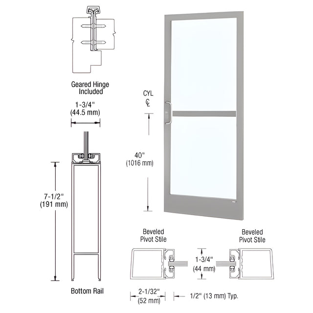 CRL-U.S. Aluminum Clear Anodized Custom Single Series 250 Narrow Stile Geared Hinge Entrance Door with Panic for Surface Mount Door Closer