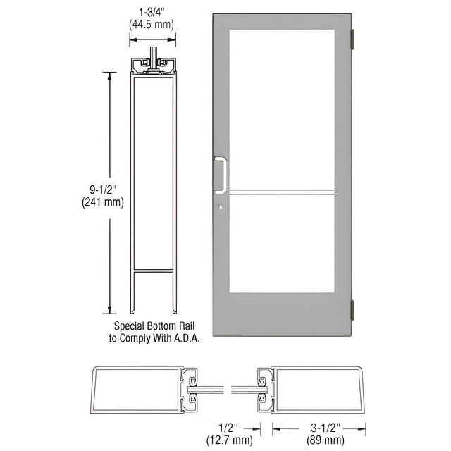 CRL-U.S. Aluminum Clear Anodized Custom Single Series 400 Medium Stile Butt Hinged Entrance Door for Surface Mount Door Closer