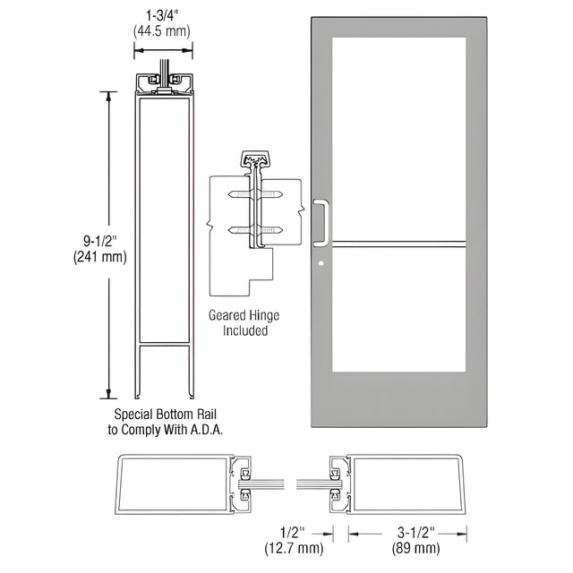 CRL-U.S. Aluminum Clear Anodized Custom Single Series 400 Medium Stile Geared Hinge Entrance Door for Surface Mount Door Closer